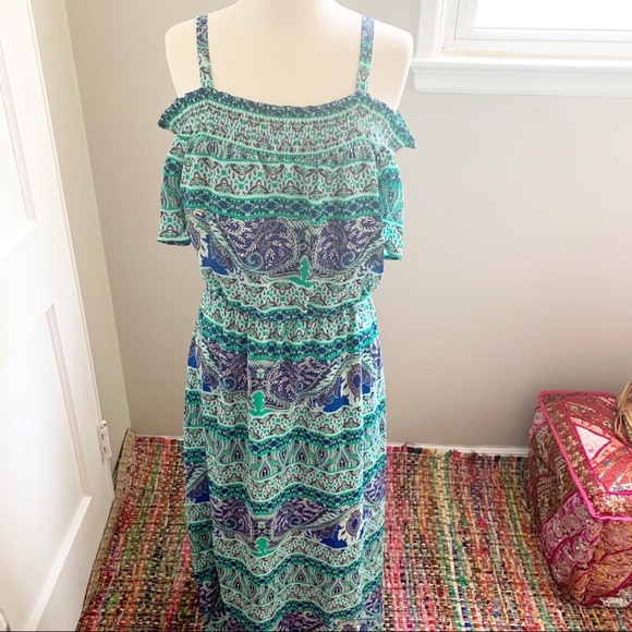 AUW Dresses & Skirts - Green & Blue Boho Cold Shoulder Maxi Dress
